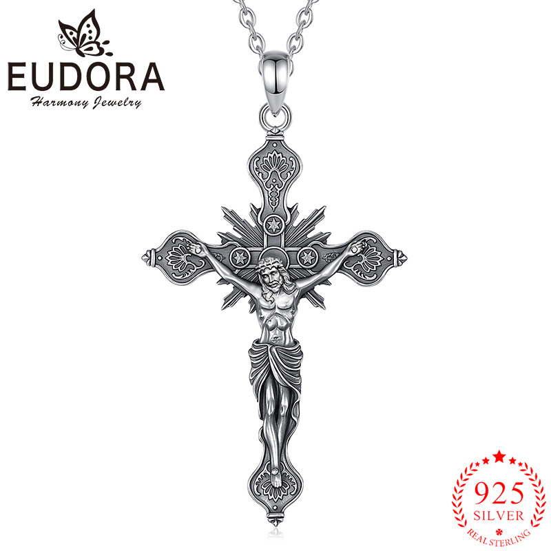 925 Sterling Silver Chain Necklace Men - Eudora Nuovo Crocifisso Croce Collana in